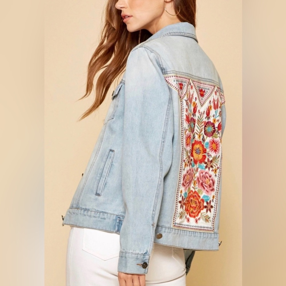 Savanna Jane Floral Embroidery Denim Jean Jacket S
